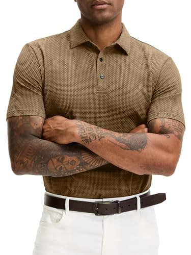JEMLDL Men's Jacquard Collared Short Sleeve Polo Shirts Breathable Summer Breeze Golf Polo Shirts Brown XL - Image 1