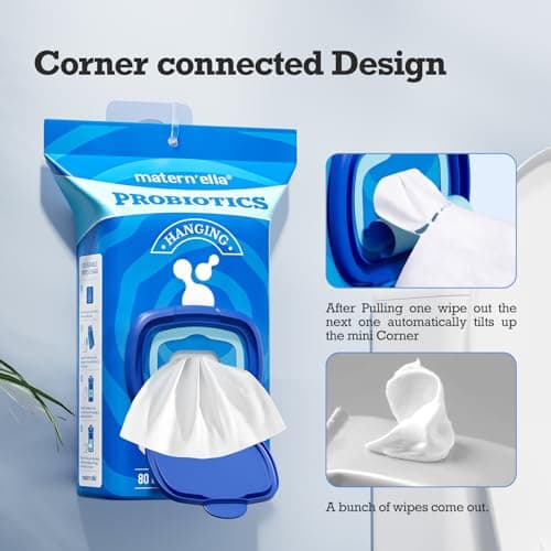 matern'ella Hanging Flushable Wipes Unscented Extra Large Corner-Connected Wet Wipes Adult Plant Based Fibers with Probiotics Alcohol Free Sewer Safe Butt Wipe Travel 3 Packs of 80 Wipes - Thumbnail 2