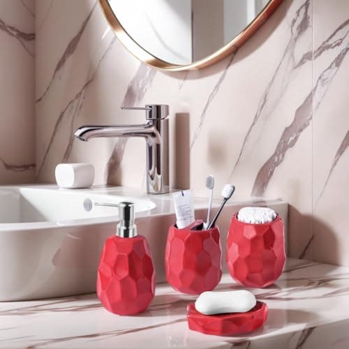 Ceramic Bathroom Accessories Set 4 PCS,Bathroom Toothbrush Holder Set,Soap and Toothbrush Holder Set,Include Toothbrush Holder,Soap Dispenser,Tumbler,Soap Dish,Bathroom Sets Decor Organizer (Red) - Thumbnail 3