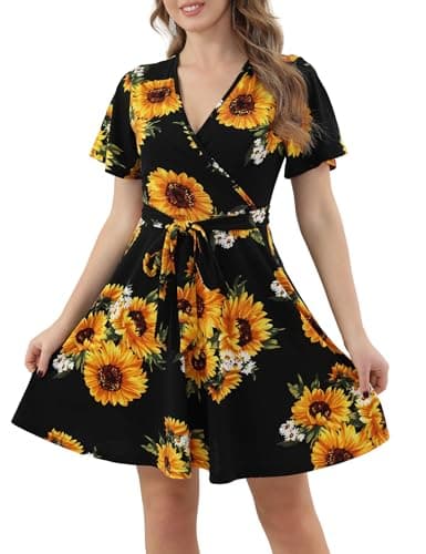 Aphratti Women's Summer Floral Faux Wrap Dress V Neck Short Sleeve High Waist Fit and Flare Casual Swing A Line Sundress Black Sunflower Large - Image 1