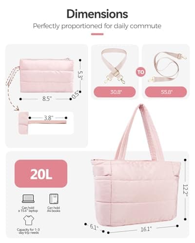 Moyad Puffer Tote Bag for Women, Quilted Work Bags with Compartments, Puffy Handbag for Everyday, Work, Travel, Gym, Pink - Thumbnail 3