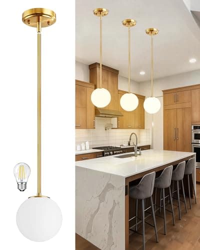 Majade Globe Pendant Lights Kitchen Island Mid Century Modern Pendant Light Fixtures 7.4 Inch Gold Ceiling Lighting with Milk Glass Shade Adjustable Brushed Brass Hanging Light for Dining Room - Image 1