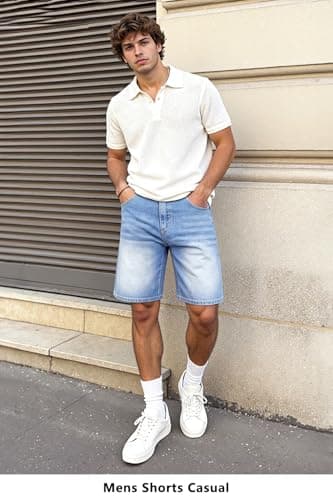 Heyfanee Mens Baggy Jean Shorts, Jorts Men Casual Denim Shorts for Men 9 Inch Inseam Washed Blue 38 - Thumbnail 4