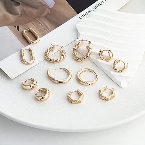 Wgoud 6 Pairs Gold Hoop Earrings Set for Women, 14K Gold Plated Hypoallergenic Lightweight Chunky Open Huggie Hoops Earrings Jewelry for Gift. (6 gold huggie) - Thumbnail 5