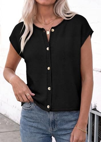 PRETTYGARDEN Sweater Vest Women 2026 Summer Spring Cap Short Sleeve Cardigan Lightweight Button Down Trendy Loose Tops (Black,Small) - Thumbnail 3