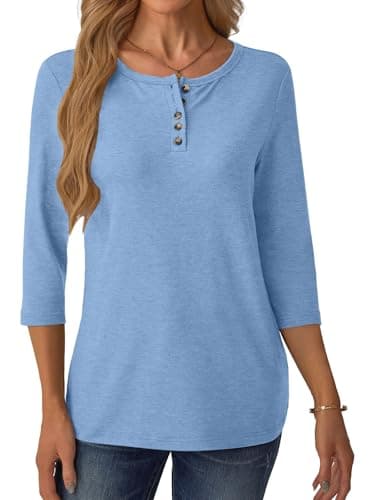 GKBK 3/4 Sleeve Womens Tops Fall Clothes Henley Casual Spring Summer Lightweight Basic Tunic Shirts Blue - Thumbnail 4