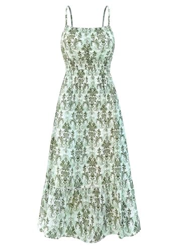 BTFBM Summer Dresses for Women 2026 Sundresses Sleeveless Spaghetti Strap Boho Beach Vacation Outfits Spring Maxi Dress(Floral White Green, Small) - Image 1