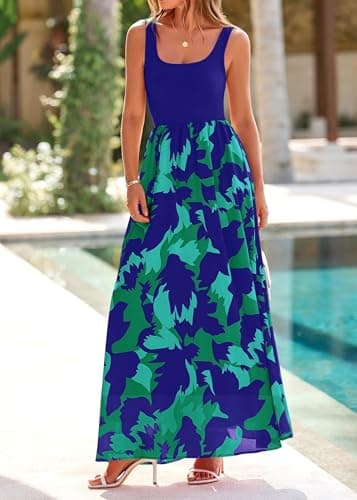 KIRUNDO Women Summer Sleeveless Boho Floral Maxi Dress 2026 Scoop Neck Tank A Line Flowy Beach Vacation Resort Wear Sundress(Blue Green, X-Large) - Thumbnail 4