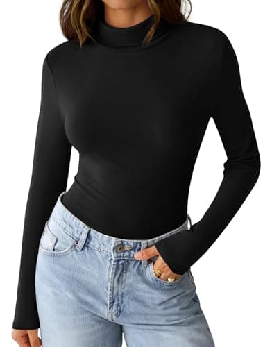 GKBK Womens Long Sleeve Shirts Mock Turtleneck Turtle Neck Fall Fashion Basic Thermal Underwear Layer Tops Tight Slim Fit Cute Ribbed T-Shirts Winter Pullover Clothes 2025 Black M - Thumbnail 6