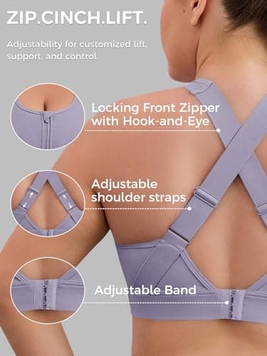 Aoysky High Impact Adjustable Sports Bras for Women Plus Size Front Zip Criss Cross Bras with Removable Pads Workout Running Violet - Thumbnail 2