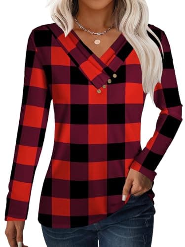 GKBK Women Long Sleeve Tunic Tops for Leggings V Neck Button Down Loose T Shirts 2026 Dressy Business Casual Blouse Pullover Sweatshirt Work Trendy Sweater Outfit Clothes Black Red Plaid XL - Image 1