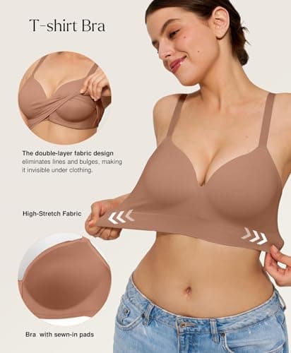Popilush Womens Push Up Bra Wireless Seamless No Underwire Bras Comfortable Supportive Tshirt Bralettes Coffee - Thumbnail 4