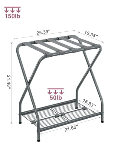 NEFROM Luggage Rack, Suitcase Stand with Storage Shelf, Foldable Metal Luggage Holder for Guest Room, Bedroom, Hotel LR-GY-1 - Thumbnail 5