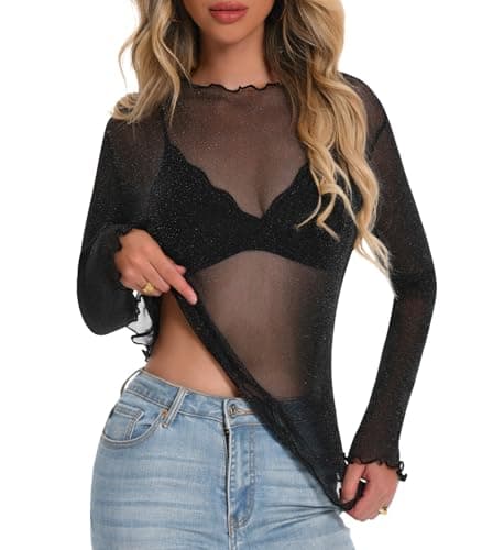 Lace Long Sleeve Tops for Women See Through Sheer Mesh Sexy Top Floral Mock Neck Undershirt Party Club Night Blouses - Image 1