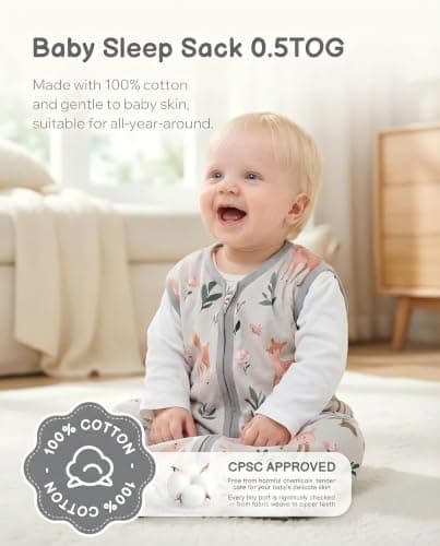 TURMEWU 3 Pack Baby Sleep Sack 0-6 Months 100% Organic Cotton, 0.5 TOG Lightweight Wearable Blanket, 2-Way Zipper Sleeping Bag, Cotton&Fawn&Grey - Thumbnail 2