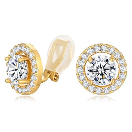 SHANTYSON Gold Plated 8MM Cubic Zirconia Earrings Clip on Non-pierced Earrings Sparkling Halo Clip-on Studs (Round) - Image 1
