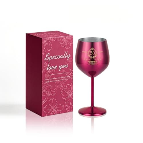 TJ 50th Birthday Gifts for Women Vintage Engraved Wine Glass 50th Birthday Stainless Steel Wine Glass Birthday Decorations For Women, 50 Year Old Birthday Gifts for Sister Friends Wife Aunt, Hot Pink - Image 1