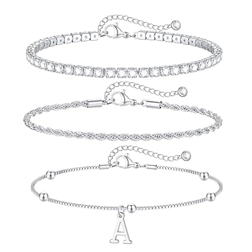 JIAOGE Silver Bracelets for Women - Initial Bracelet Stack Silver Bracelets for Women Non Tarnish Initial A Stackable Tennis Bracelets for Teen Girl Gifts for Girls Stuff Silver Jewelry Set for Women - Image 1