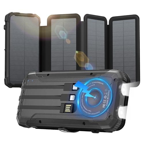 GULLVEN Solar Charger Power Bank Built-in 3 Cables and 4 Solar Panels, Portable Wireless Charger 10,000mAh, External Battery Pack with USB-C in/Output & Flashlight for Outdoor Camping