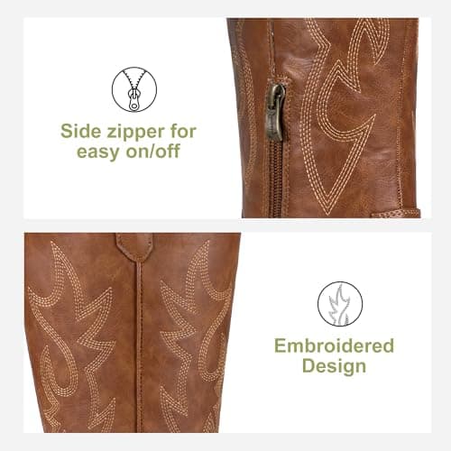 Jeossy Women's Brown Western Cowboy Boots Embroided Wide Calf Knee High Cowgirl Boots Round Toe Tall Boots with Inside Zipper Comfortable for Wedding Party Daily Wear Size 7 (DJY9809 brown 07) - Thumbnail 4