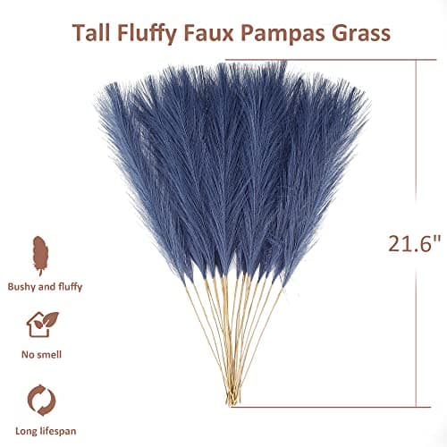 Acfruits 20Pcs Navy Blue Faux Pampas Grass Decor, 21.7" Pompas Grass Flower Arrangement and Vase Filler for Boho Home Wedding Decoration - Thumbnail 2