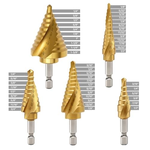 OSTTE 5PCS Step Drill Bit Set with Two Spiral Grooves, 50 Sizes (3/16" to 1-3/8") HSS Titanium Coated Step Bits for Metal, Aluminum, Wood & Plastic - with Aluminum Case for Electricians & DIY - Thumbnail 2