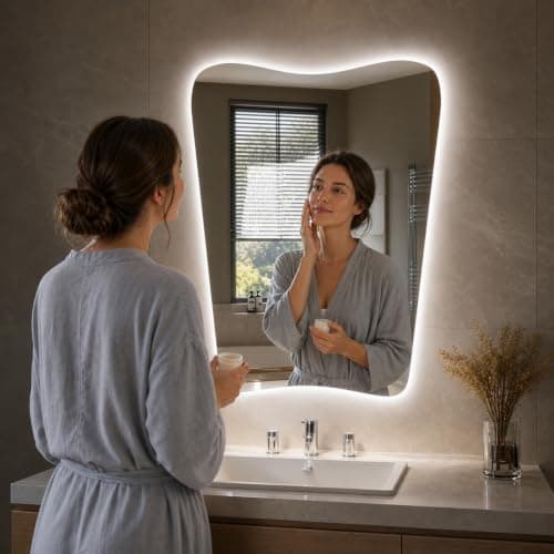 Irregular Led Bathroom Mirror with Lights 22x30 Inch, Backlit Asymmetrical Led Bathroom Mirror for Wall, Lighted Vanity Mirror with Lights, Anti-Fog, Dimmable 3 Colors, Shatter-Resistant - Thumbnail 2