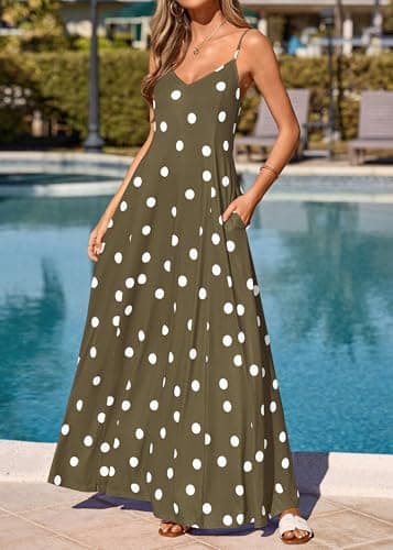 KIRUNDO Polka Dot Dress for Women Summer 2026 Sleeveless Spaghetti Strap Beach Vacation Cruise Boho Long Flowy Maxi Dresses(Army Green, Small) - Thumbnail 3
