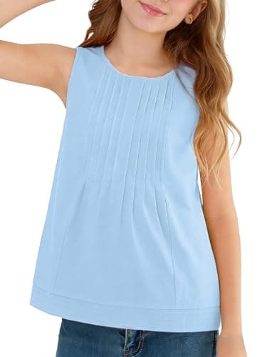 XMWEALTHY Girls Summer Tops Fashion Casual Sleeveless T Shirts for Girls Round Neck Pleated Blouse Tops 5-14 Years Kid Blue 9-10T - Image 1