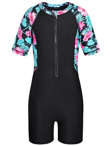 6t Modest Swimsuits for Girls 5t One Piece Rash Guard Rashguard Kids Bathing Suit Swimwear Traje De Baño para Niñas Black Tropical Flower - Image 1