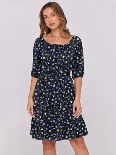 ANRABESS Womens Lantern Short Sleeve Square Neck Casual Flowy Mini Dresses 2026 Holiday Summer Spring Beach Vacation Clothes Blue Floral XX-Large - Thumbnail 3