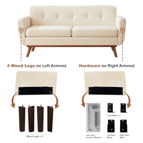 Kingfun 65.2" W Loveseat Sofa, Mid Century Modern Decor Love Seat Couches for Living Room, Button Tufted Upholstered Furniture, Easy to Install Small Couch for Bedroom Office Apartment, Cream White - Thumbnail 5