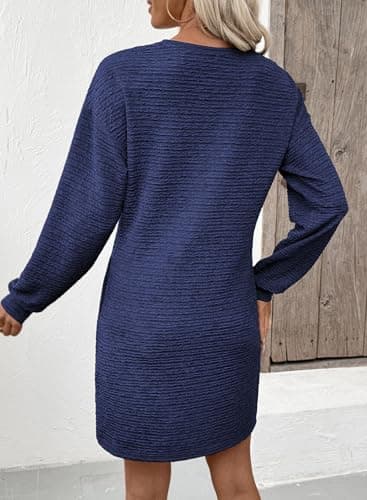 EVALESS Spring Dresses for Women 2026 Fashion V Neck Long Sleeve Summer Mini Dress Solid Casual Beach Vacation Clothes Tshirt Dresses with Pockets Women's Clothing Navy Blue Large - Thumbnail 4