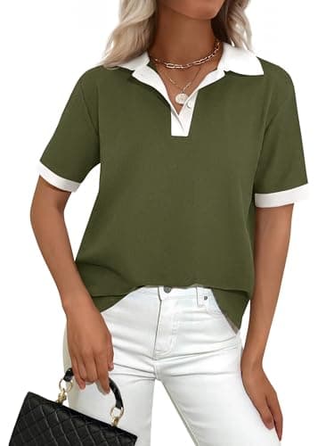 PRETTYGARDEN Summer Short Sleeve Polo Shirts for Women Collared V Neck Work Dressy Tops Knit Loose Business Casual Outfits(Army Green,X-Large) - Image 1