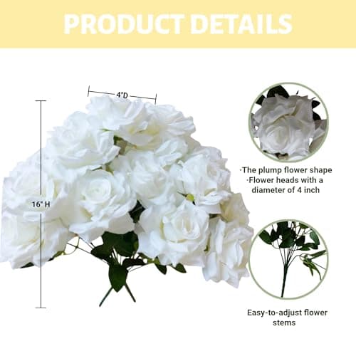 TransBloom 2 Bouquets, White Roses Artificial Flowers, Fake Roses Bouquet, 18 Heads, 16 Inch, Faux Wedding Bouquets with Stems, Floral centerpieces for Tables, Outdoor Decor (White) - Thumbnail 4