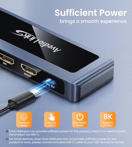 avedio links 8K HDMI 2.1 Switch 4K@120Hz 8K@60Hz, Bi-Directional 2 in 1 Out HDMI Switcher with Remote, Aluminum HDMI Splitter 2 in 1 Out Ultra HD Compatible with PS5 Xbox Fire Stick and More (Grey) - Thumbnail 5