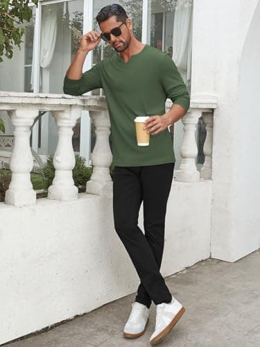 Hardaddy Men's V Neck Long Sleeve Ribbed Casual T-Shirt Classic Basic Solid Tee Shirts Army Green XL - Thumbnail 5