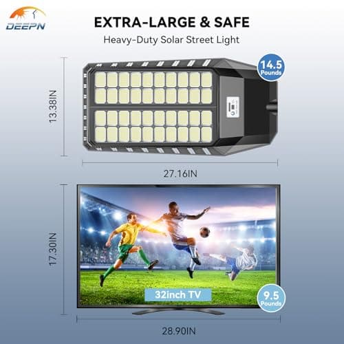 Deepn 10000W Solar Street Lights Outdoor, Commercial Solar Lights with Motion Sensor Outdoor Lighting & Dusk to Dawn Flood Light, IP67 Waterproof LED Lights for Yard, Street, Parking Lot, 2 Pack - Thumbnail 3