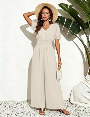 LOOKBOHO Womens Jumpsuits Summer Casual Dressy Peplum Sleeve Wide Leg Long Pants Rompers 2026 Trendy Outfits Ivory XXL - Thumbnail 2