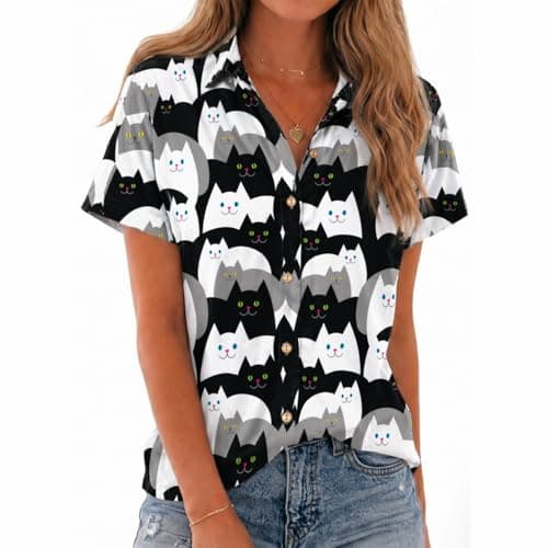 Chicwave Women's Short Sleeve Button Down Shirt, Collared V Neck Cat Print Blouse, Lightweight Casual Novelty Top for Weekend, Vacation, Travel, Summer, White