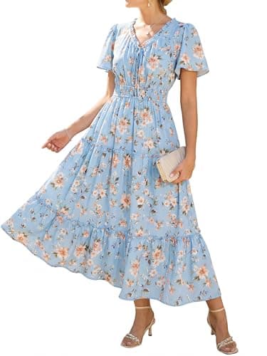 GRACE KARIN Womens Summer Floral Maxi Dresses 2026 Short Sleeve V Neck Dress Casual Flowy Beach Vacation Sundress with Pockets Light Blue Floral 2XL - Image 1