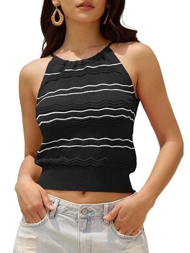 ZAFUL Womens Summer Halter Backless Crochet Tops Sexy High Neck Eyelet Embroidered Going Out Sleeveless Crop Top Black S - Image 1