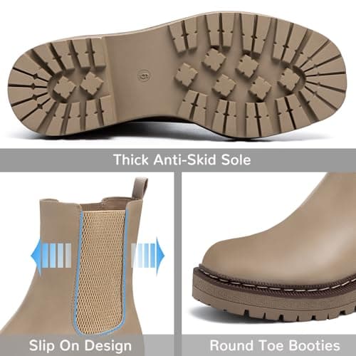 Athlefit Chelsea Boots Women Platform Ankle Boots for Women Lug Sole Round Toe Fashion Low Heel Short Booties Khaki Size 8.5 - Thumbnail 3