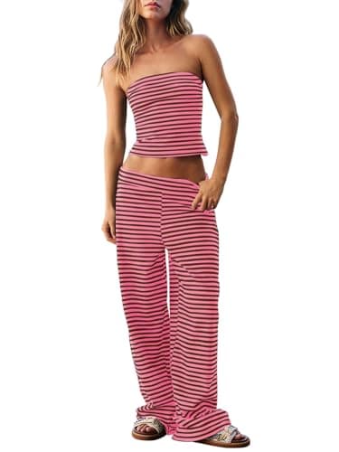 Dokuritu Two Piece Sets for Women Summer Low Waist Sleeveless Striped Tube Top & Pant Travel Set Womens Clothing Beach Date Nights & Airport - Image 1