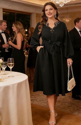 EYWOL Women Plus Size Elegant Cocktail Dress Cutwork V-Neck Midi A-Line Dress with Belt,Formal Wedding Guest Party Prom Dress Black - Thumbnail 4