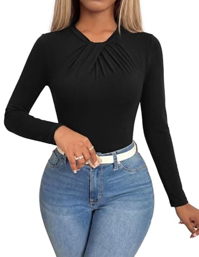 KIRUNDO Long Sleeve Tops for Women Business Casual Outfits Slim Fitted Knit Twist Knot Work Office Shirt Blouse Going Out Top(Black, Small) - Image 1