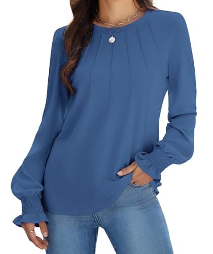 Funlingo Womens Tops Dressy Casual Winter Long Sleeve Shirts Ruffle Tunic Blouse Knit Crew Neck Oversized Tshirts Flattering Clothes Deep Blue 2XL - Image 1