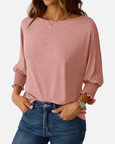 NORACORA Women's 3/4 Sleeve Tops Loose Fit Shirts Dressy Casual Crew Neck T Shirts for Women Basic Tees Shirt with Smocked Cuffs 2025 Fall Fashion Blouse Pink XXL - Thumbnail 3