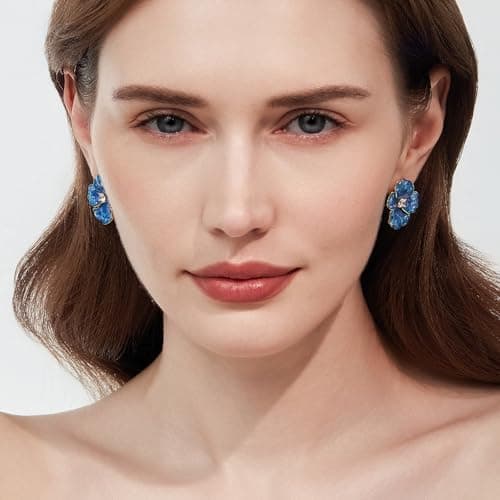 Cicy Bell Flower Earrings for Women 18k Gold Plated Blue Pink Earrings Iris Enamel Cubic Zirconia Spring Summer Boho Statement Stud Earrings Trendy Jewelry Gifts - Thumbnail 4
