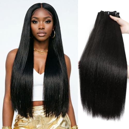 6 Bundles Yaki straight bundles hair,Human Blend Synthetic Hair Yaki Straight for Black Women,Heat Resistant Soft Natural Appearance (Natural Black Kinky Straight, 22 24 26 Inch)